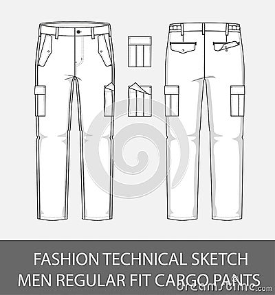 Fashion technical sketch men slim fit cargo pants with 2 patch pockets Vector Illustration