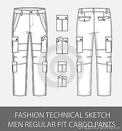 Fashion technical sketch men slim fit cargo pants with 4 patch pockets Vector Illustration