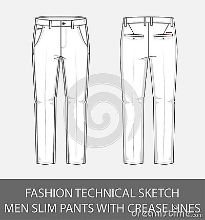 Fashion technical sketch men slim fit pants with crease lines Vector Illustration