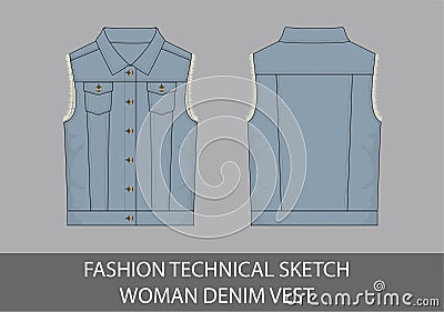 Fashion technical sketch woman denim vest Vector Illustration