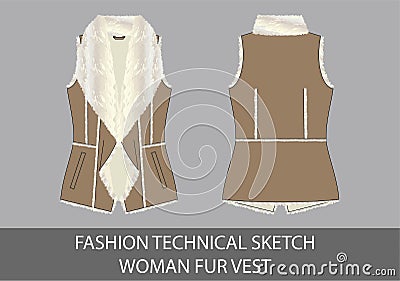 Fashion technical sketch woman fur vest Vector Illustration