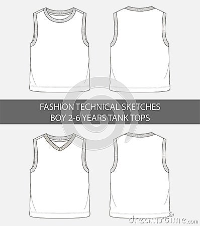 Fashion technical sketches for boys 2-6 years tank tops Vector Illustration