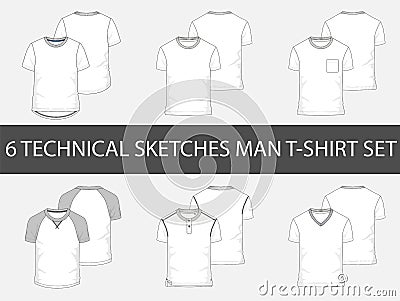 6 Fashion technical sketches of men`s T-Shirt Vector Illustration