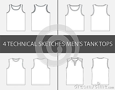 4 Fashion technical sketches of men`s Tank Tops Vector Illustration