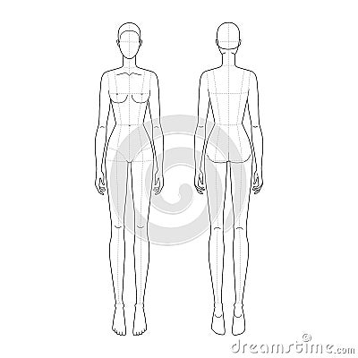 Fashion template 9 head for technical drawing with main lines. Vector Illustration