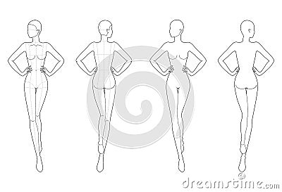 Fashion template 9 head for technical drawing. Vector Illustration