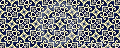 Fashion Textile Print. Royal Blue Seamless Kaleidoscope. Indigo Golden Baroque Design. Geometric Tapestry Texture. Abstract Stock Photo