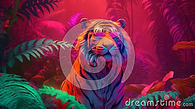 Fashion tiger wearing sunglasses in hipster style on tropical background. Beautiful tiger. Summer seamless. Tiger animal Stock Photo