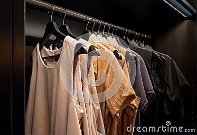 Fashion trend concept. Working lady clothes collection in dark w Stock Photo