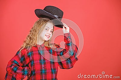 Fashion trend. Feeling awesome in this hat. Girl cute kid wear fashionable hat. Small fashionista. Cool cutie Stock Photo