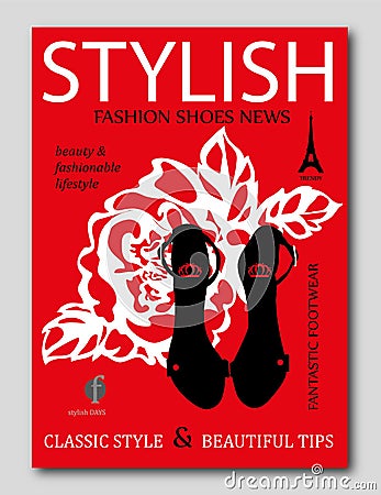 Fashion trendy silhouette black high heel shoes with rose on background. Fashion magazine cover design Vector Illustration