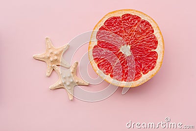 Fashion. Tropical Fresh Summer Set. Fashion Design. Fruit Citrus. Grapefruit. Bright Color. Creative Art. Minimal. Fashion Top Vie Stock Photo