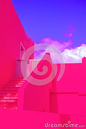 Fashion tropical location. Bright pink Hotel. Blue sky. Canary islands. Travel advertising concept Stock Photo