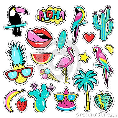 Fashion tropical patch badges with toucan, flamingo, parrot, exotic leaves, hearts, stars, lips, speech bubbles, pineapple. Vector Illustration