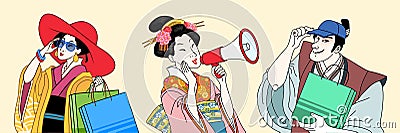 Fashion ukiyo-e people set Vector Illustration