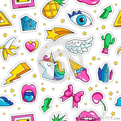 Fashion unicorn badges. Pattern in comic style with retro objects rainbow stars unicorn eyes clouds diamond seamless Vector Illustration