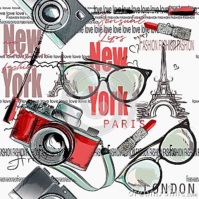 Fashion vector pattern lipstick, camera, glasses, words New York Stock Photo