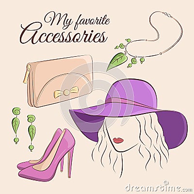 Fashion vector set. Illustration of a stylish trendy accessory with a girl. Wide-brimmed hat, clutch or purse, shoes Vector Illustration