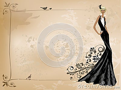 Fashion vintage girl in black dress Vector Illustration