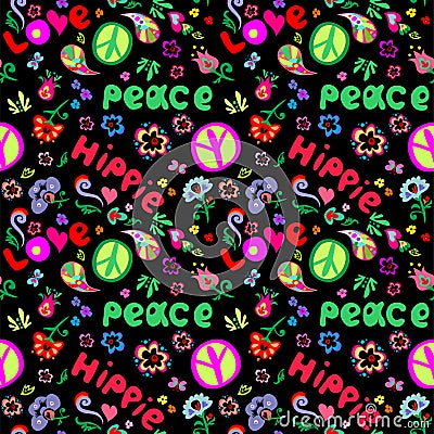 Fashion vivid seamless wallpaper with Peace Hippie Symbol, flower-power Vector Illustration