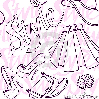 Fashion vogue seamless pattern vintage doodle hand drawn clothes and accessory vector illustration. Vector Illustration