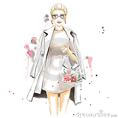 Fashion watercolor illustration with gorgeous girl Cartoon Illustration