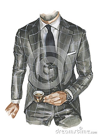 Fashion watercolor illustration of man in business casual outfit. Hand drawn painting of elegant suit. Luxury look Cartoon Illustration