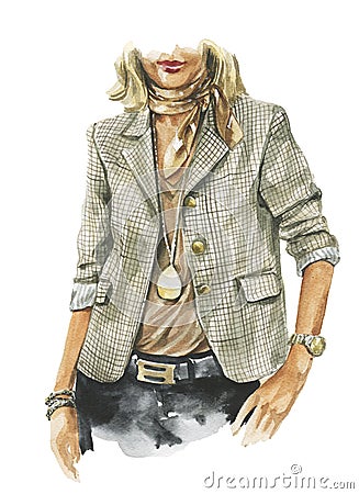 Fashion watercolor illustration of woman in business casual outfit. Hand drawn painting of elegant suit. Luxury look Cartoon Illustration