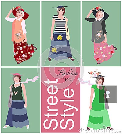 Fashion week. Street style. Poster with five abstract fashion models, stylized image of keyhole and text. Vector Illustration