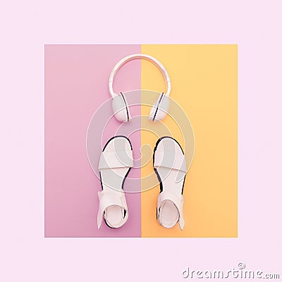 Fashion white sandals and headphones Stock Photo