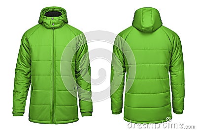 Fashion winter green jacket, clipping path isolated white background. Stock Photo