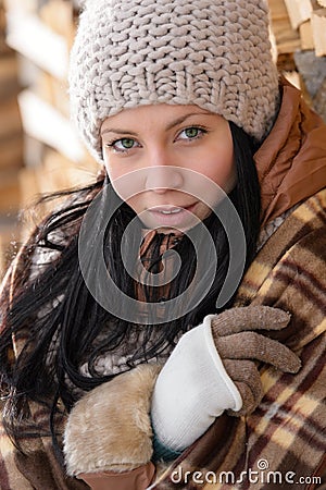 Fashion winter woman cover in blanket countryside Stock Photo