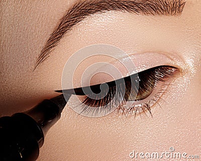 Fashion woman applying eyeliner on eyelid, eyelash. Using makeup brush, shape black line. Professional make-up artist Stock Photo