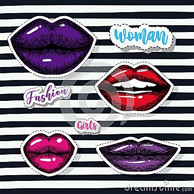 Fashion woman girls elements sticker and colorful lips on pop art on black striped background Vector Illustration