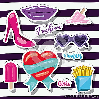 Fashion woman girls elements sticker on pop art striped purple background Vector Illustration