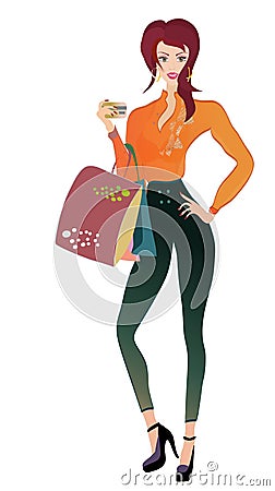 Fashion Woman with Golden Credit Card and Bags Vector Illustration