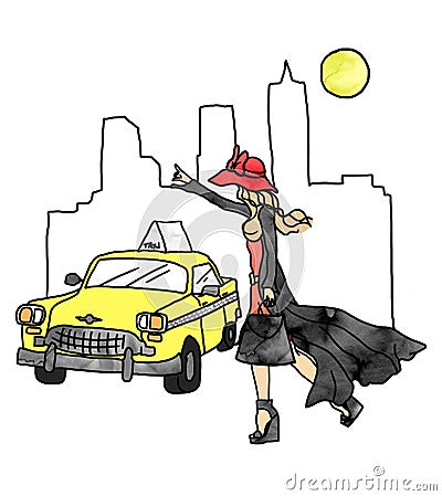 Fashion Woman Hailing a Taxi in a Big City Illustration, Girl Calling a Cab Watercolour drawing Stock Photo