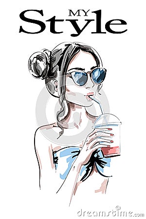 Fashion woman with juice drink. Hand drawn beautiful young woman with stylish hairstyle. Cute girl in sunglasses. Vector Illustration