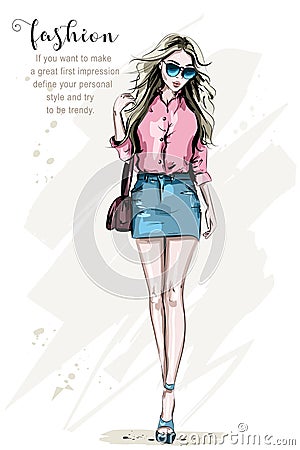 Fashion woman with juice drink. Hand drawn beautiful young woman with stylish hairstyle. Cute girl in sunglasses. Vector Illustration