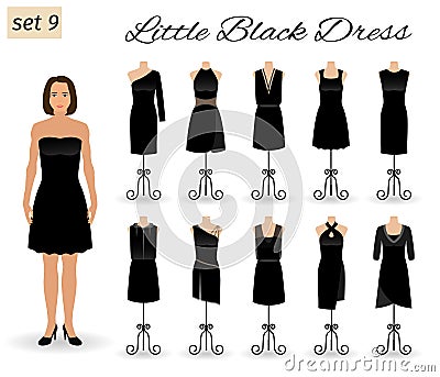 Fashion woman in little black dress. Set of cocktail dresses on a mannequins. Vector Illustration