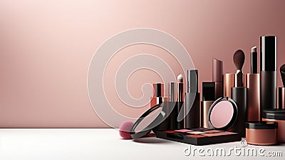 Fashion woman make up product, brushes, lipstick, nail polish layout. AI Generative Stock Photo