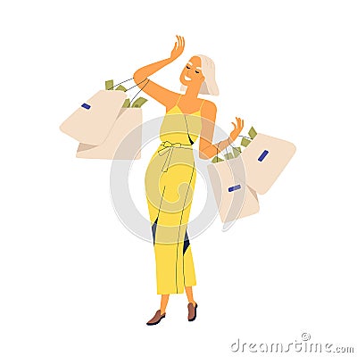 Fashion woman millionaire carrying bags full of currency vector flat illustration. Smiling rich girl with much money Vector Illustration