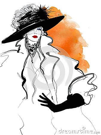 Fashion woman model with a black hat Vector Illustration