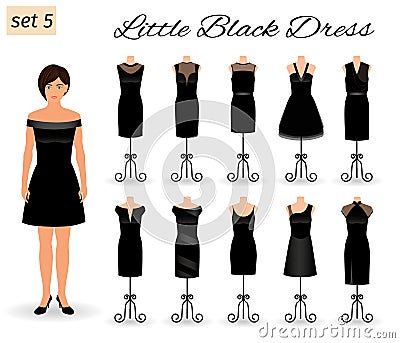 Fashion woman model character in little black dress. Set of cocktail dresses on a mannequins. Vector Illustration