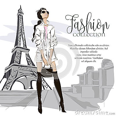 Fashion woman near Eiffel tower in Paris, fashion banner with text template, online shopping social media ads with beautiful girl. Cartoon Illustration