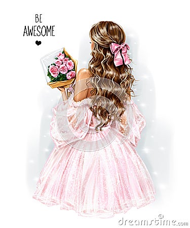 Fashion woman in pink tulle dress. Brunette hair girl holding flowers. Back view. Cartoon Illustration