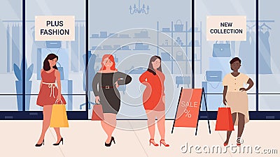 Fashion woman plus size, cartoon young character in fashionable clothes standing next to shop window Vector Illustration