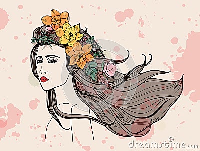 Fashion woman portrait with watercolor stains. Beautiful girl with flowers, flowing hair. Colorful hand drawn Vector Illustration