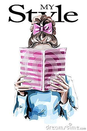 Fashion woman reading book. Cute girl with beautiful hairstyle. Vector Illustration