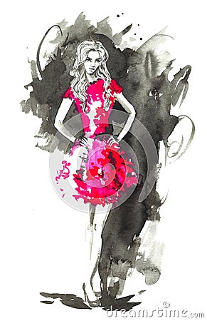 Fashion woman in red. Watercolor illustration. Cartoon Illustration